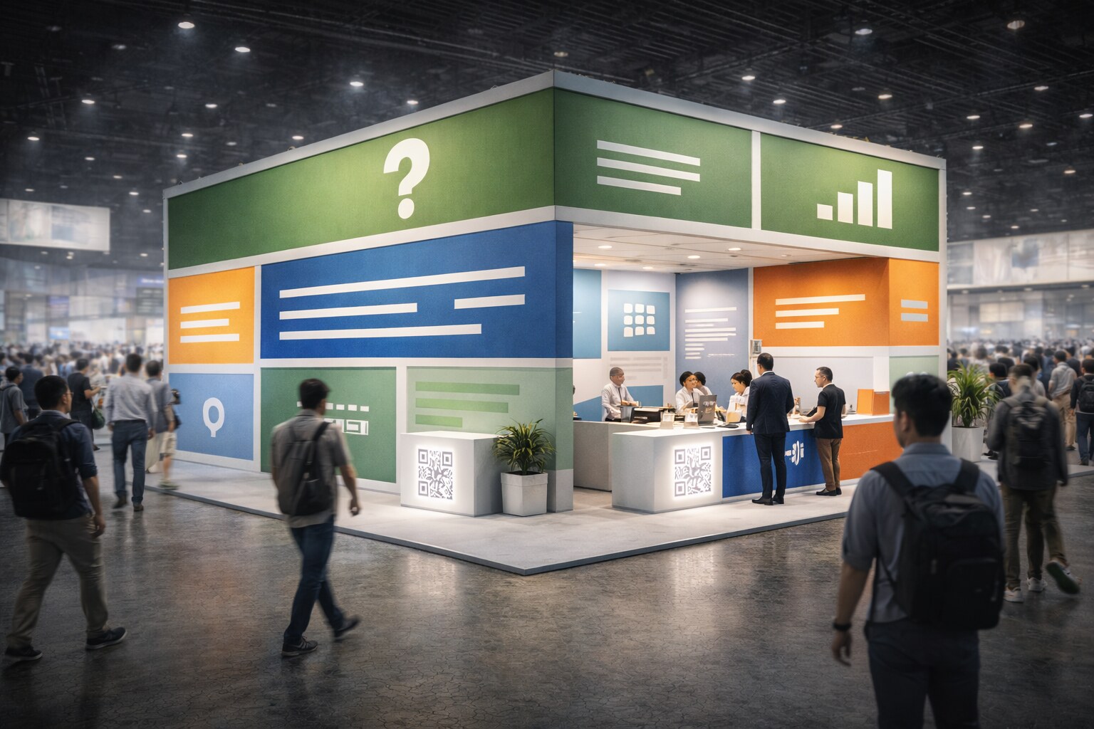 Clear booth message system: headline, category, proof, and action.