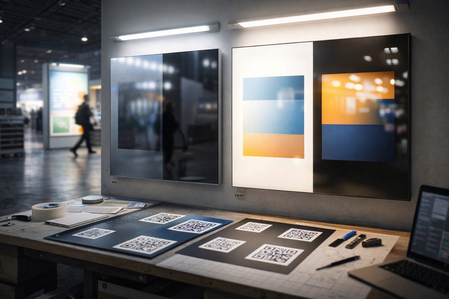 Production reality: backlit graphics and fabric systems that change how visuals render.