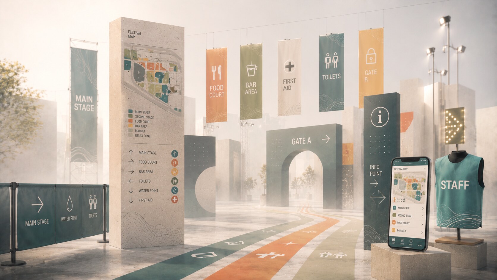 Festival signage using strong color choices and differentiated symbols to separate stages, bars, toilets, and information points.