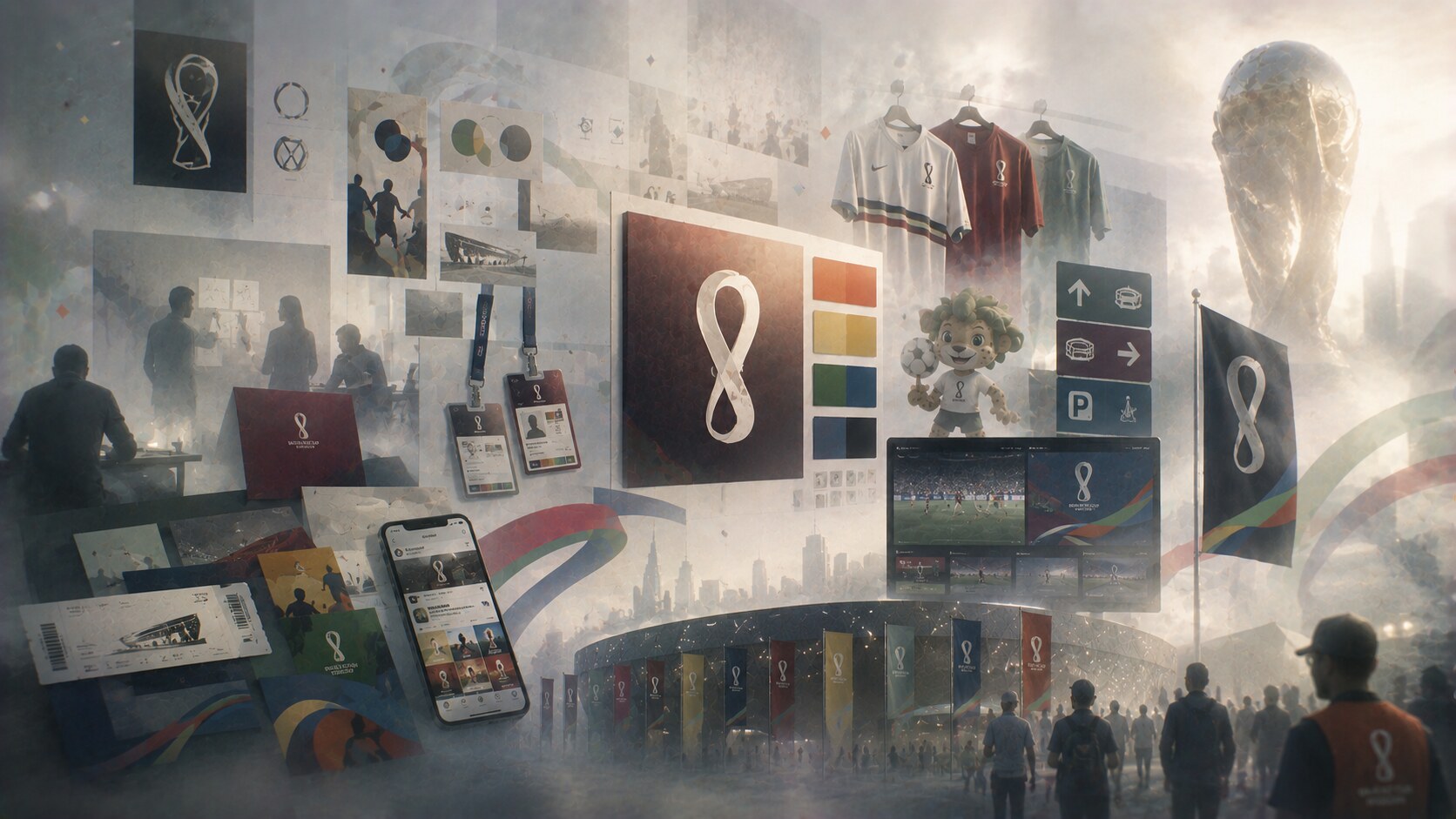 Components of a modern FIFA World Cup visual system including emblem, mascot, posters, signage, tickets, broadcast, uniforms, and sponsor integration.