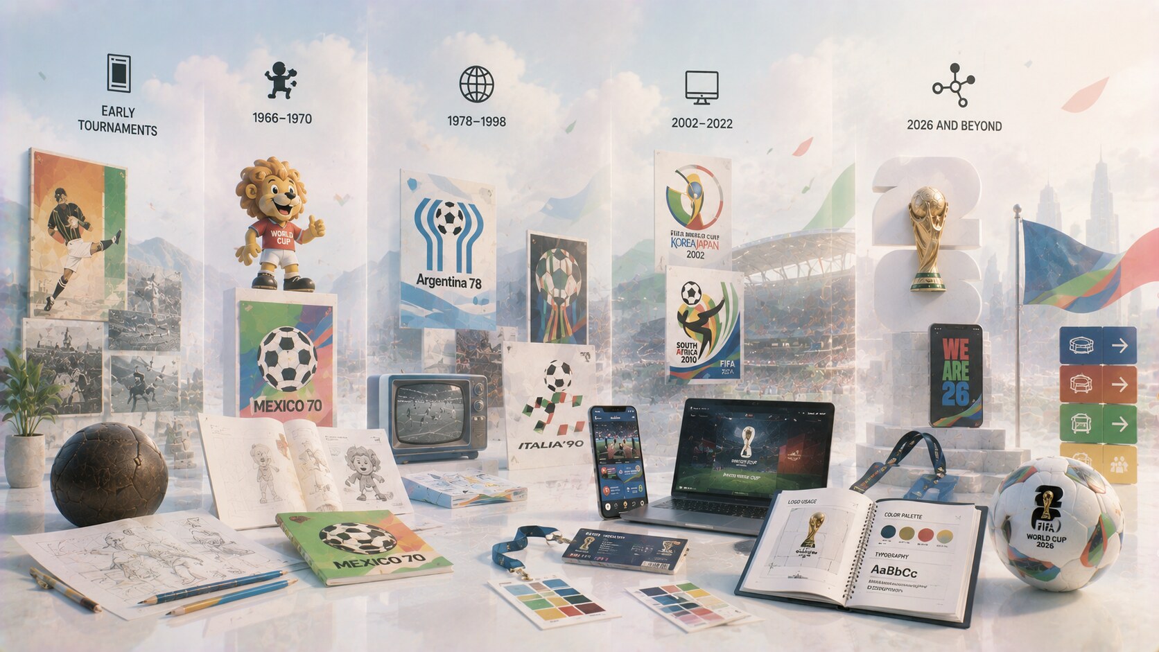 Comparison of FIFA World Cup branding eras from poster-led identities to modular modern systems spanning cities, media, and merchandise.