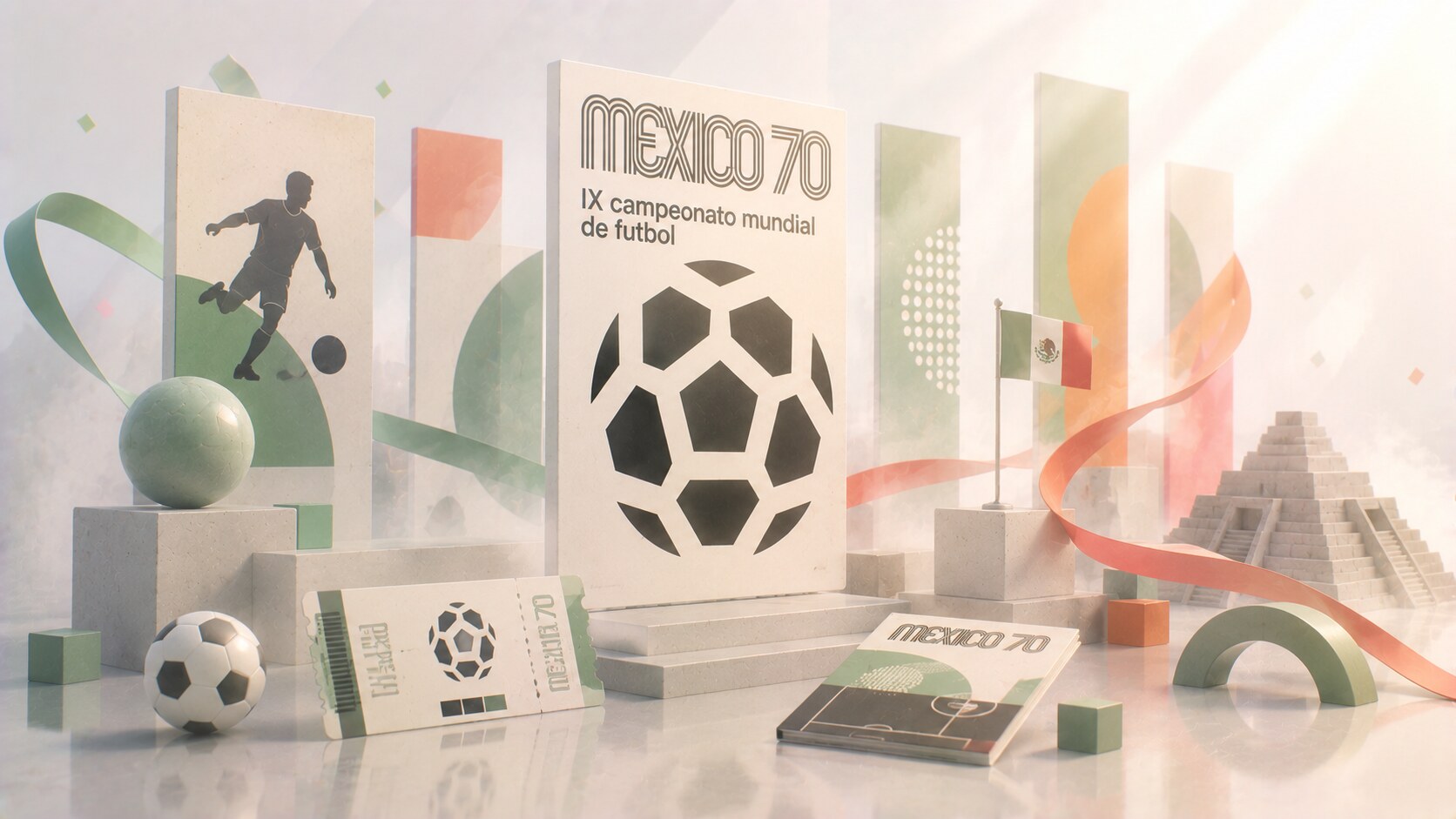 1970 FIFA World Cup poster by Lance Wyman showing minimalist football geometry and Mexico’s modern design influence.