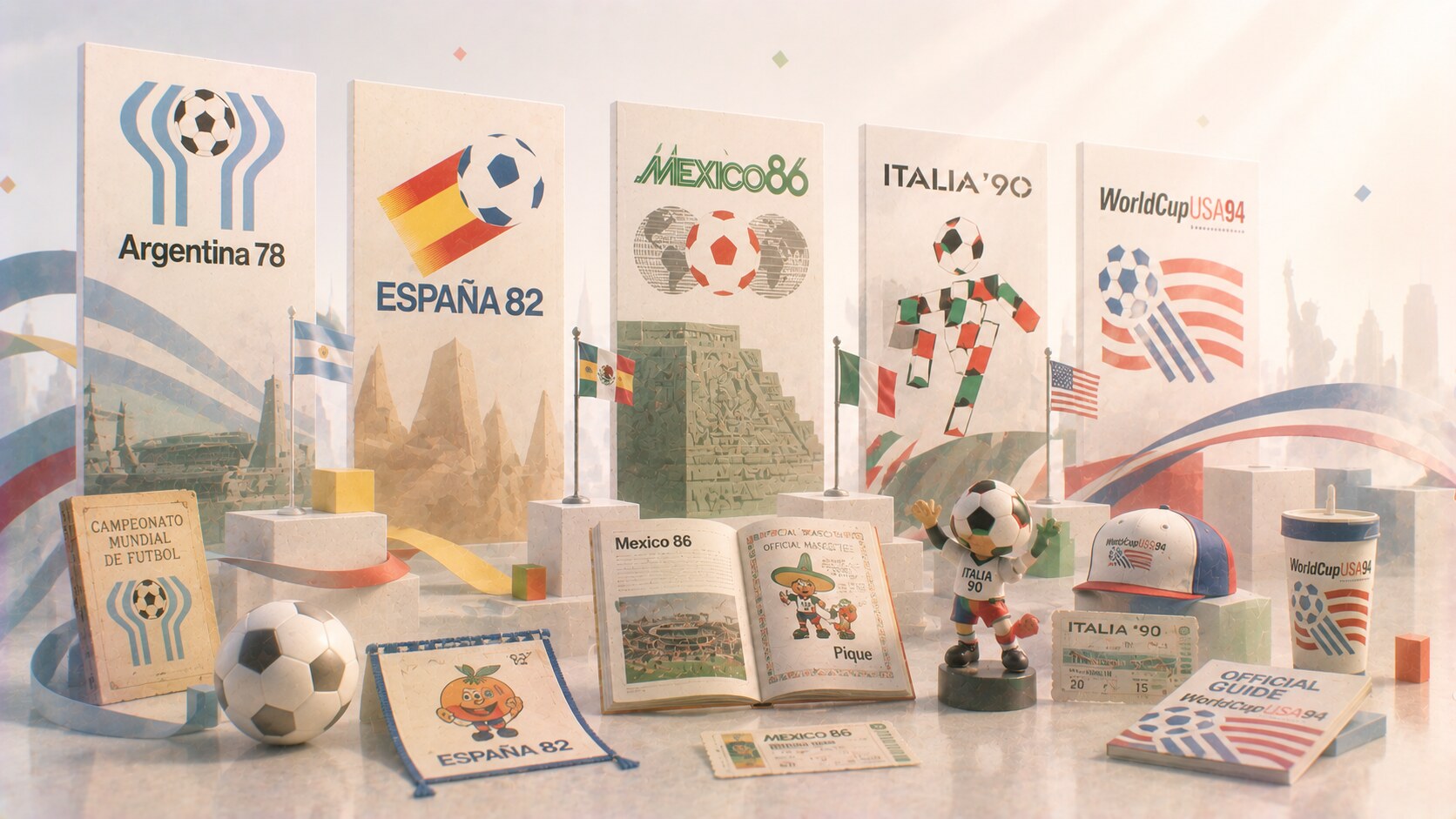 1978 to 1990s FIFA World Cup branding showing symbolic emblems, stronger host-country codes, and growing event-system complexity.