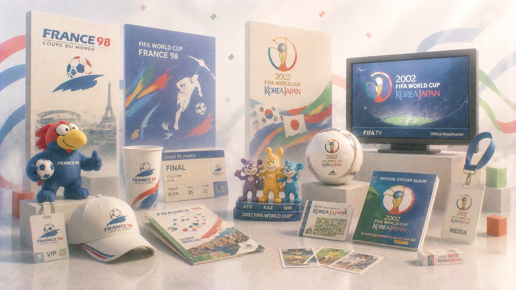 Late 1990s and early 2000s FIFA World Cup branding with broader merchandising, broadcast identity, mascot systems, and entertainment logic.