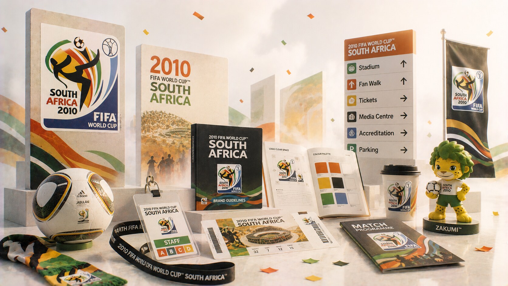2010 FIFA World Cup branding in South Africa showing a more formal event identity process and broader branded environment.