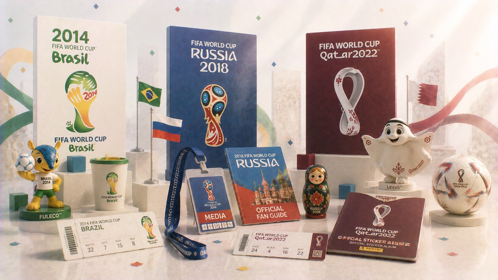 2014, 2018, and 2022 FIFA World Cup identities showing polished emblems, stronger system control, and host culture translated into global branding.