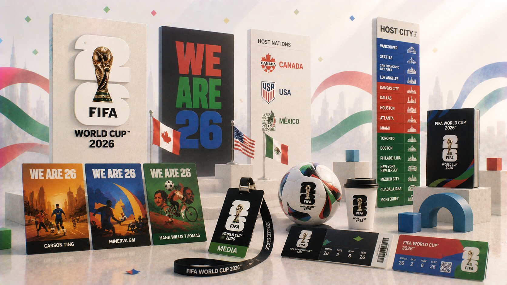 2026 FIFA World Cup identity with trophy-based emblem, modular host-city brand language, and collaborative poster strategy across three countries.