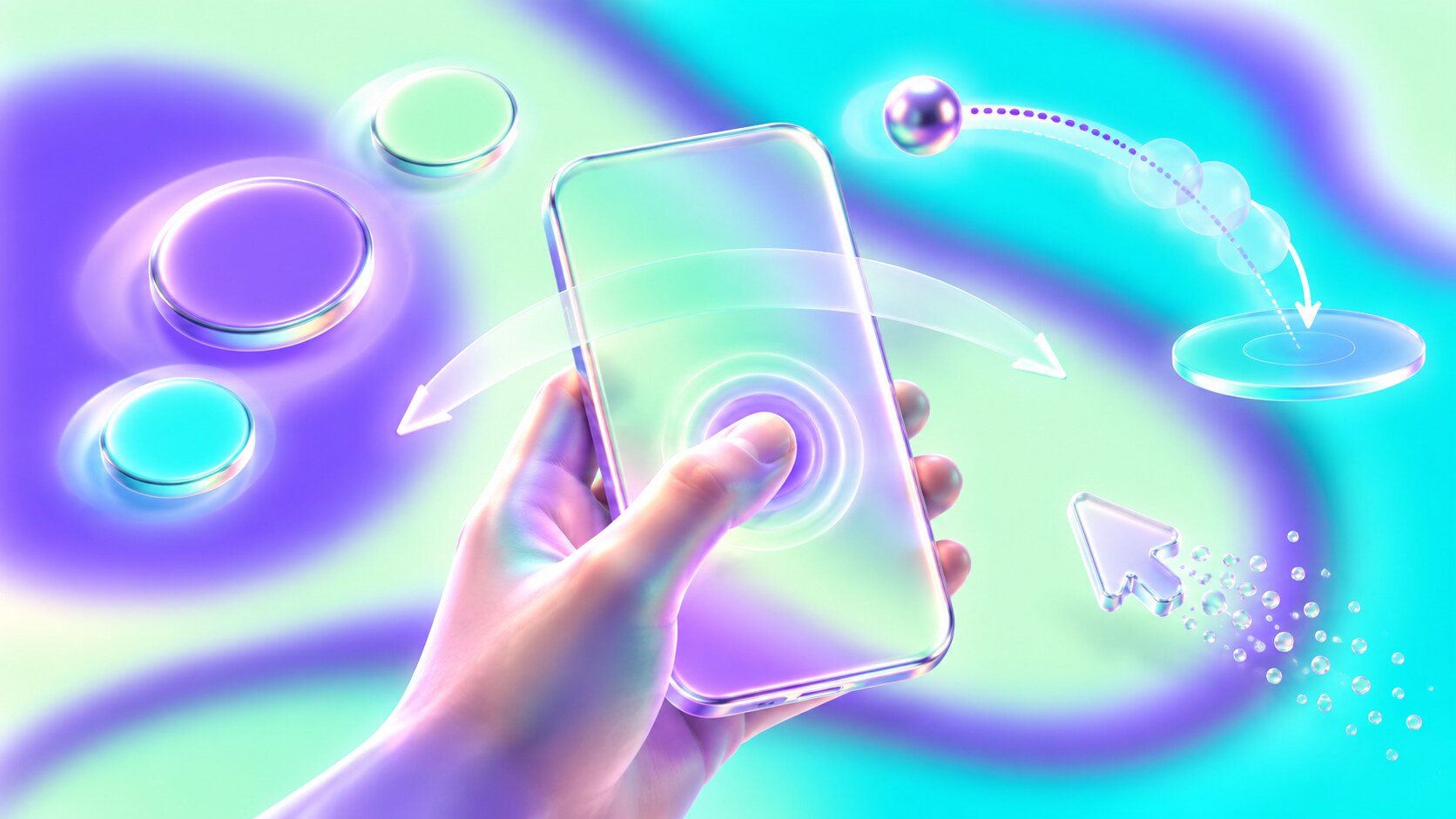 Touch UI design principles showing large tap targets, direct manipulation, gesture feedback, thumb reach and the absence of hover.