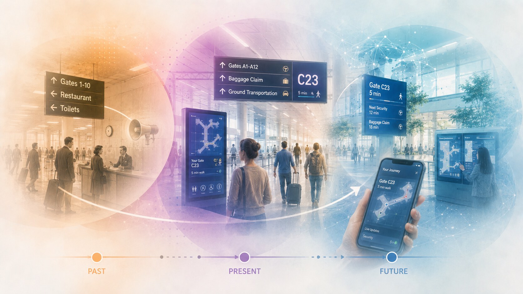 Evolution of airport navigation from older static signage to hybrid physical and digital wayfinding systems with real-time updates.