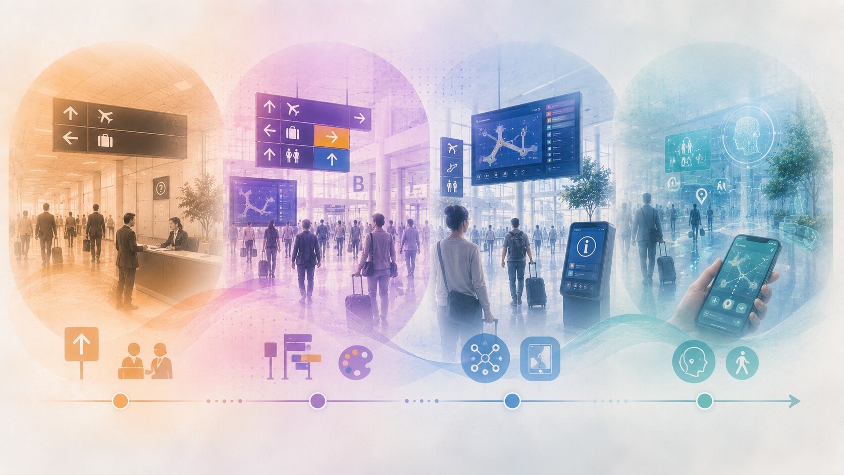 Comparison of airport wayfinding eras from static signage to integrated service-oriented navigation systems.