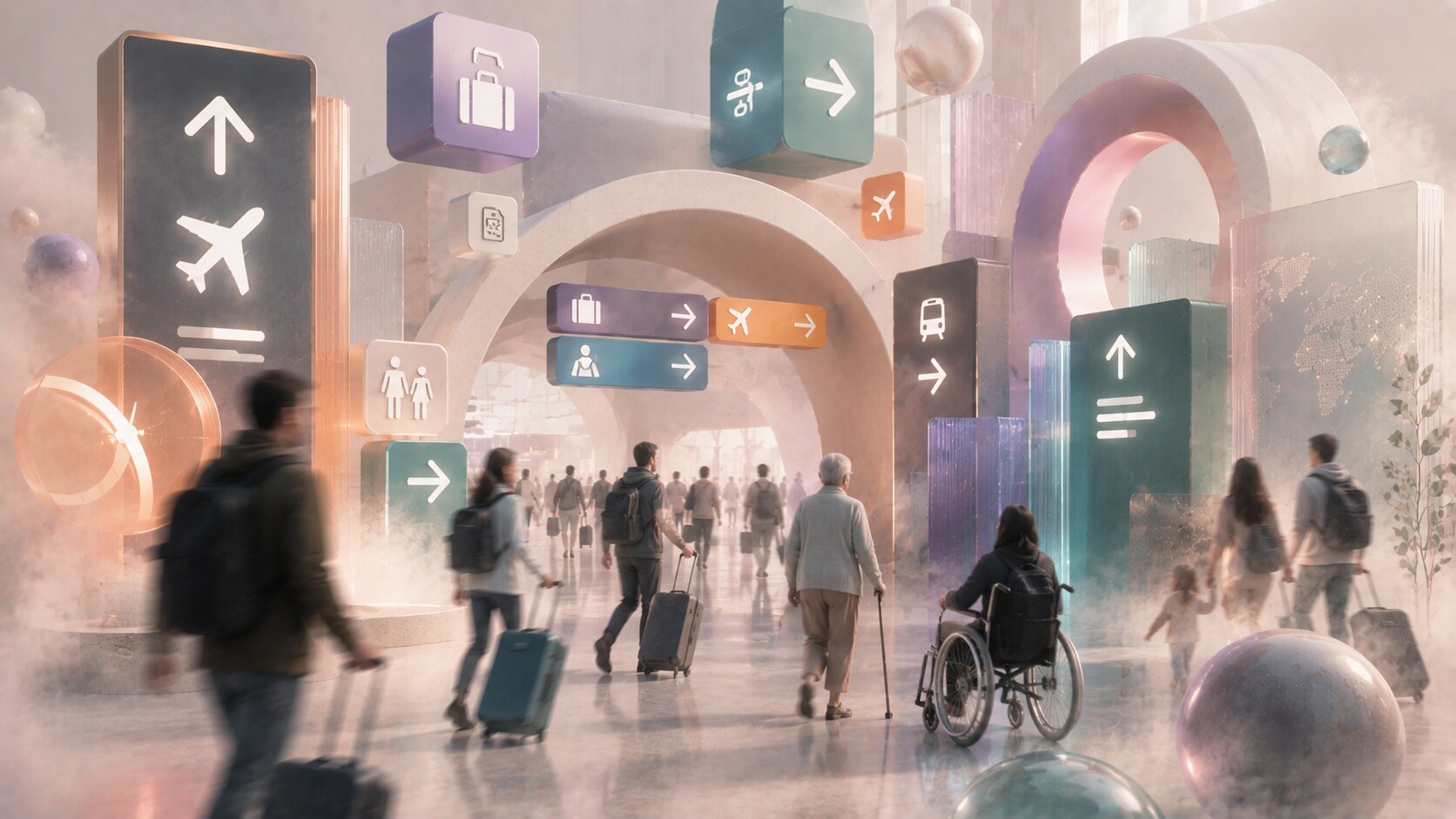 Airport hall wayfinding overview showing check-in, security, departures, arrivals, and transfer navigation under time pressure.