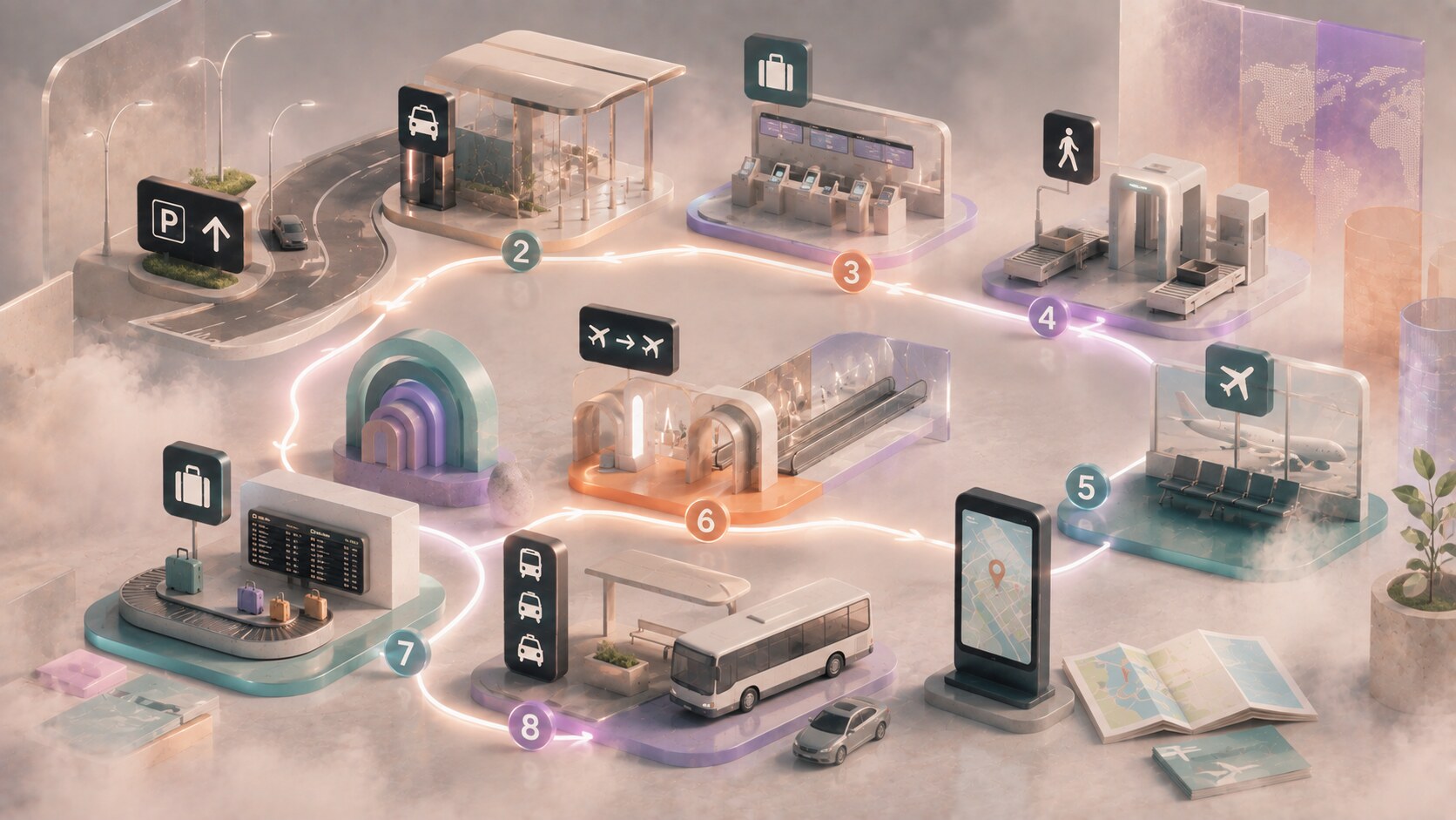 Airport signage system components including curbside signs, terminal IDs, check-in, security, gates, maps, and digital displays.
