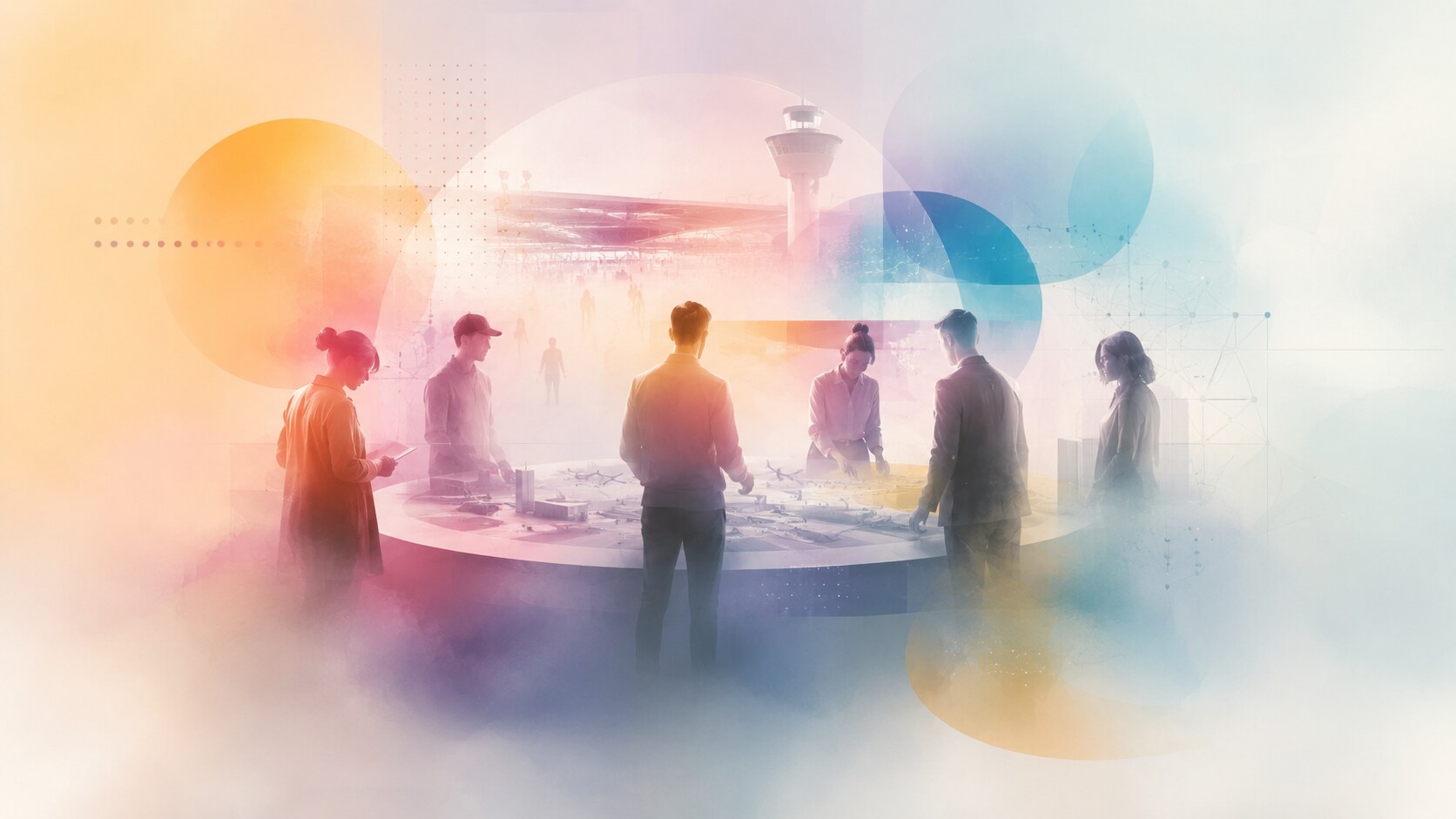 Airport wayfinding creation process showing collaboration between graphic designers, wayfinding agencies, architects, operators, and accessibility specialists.