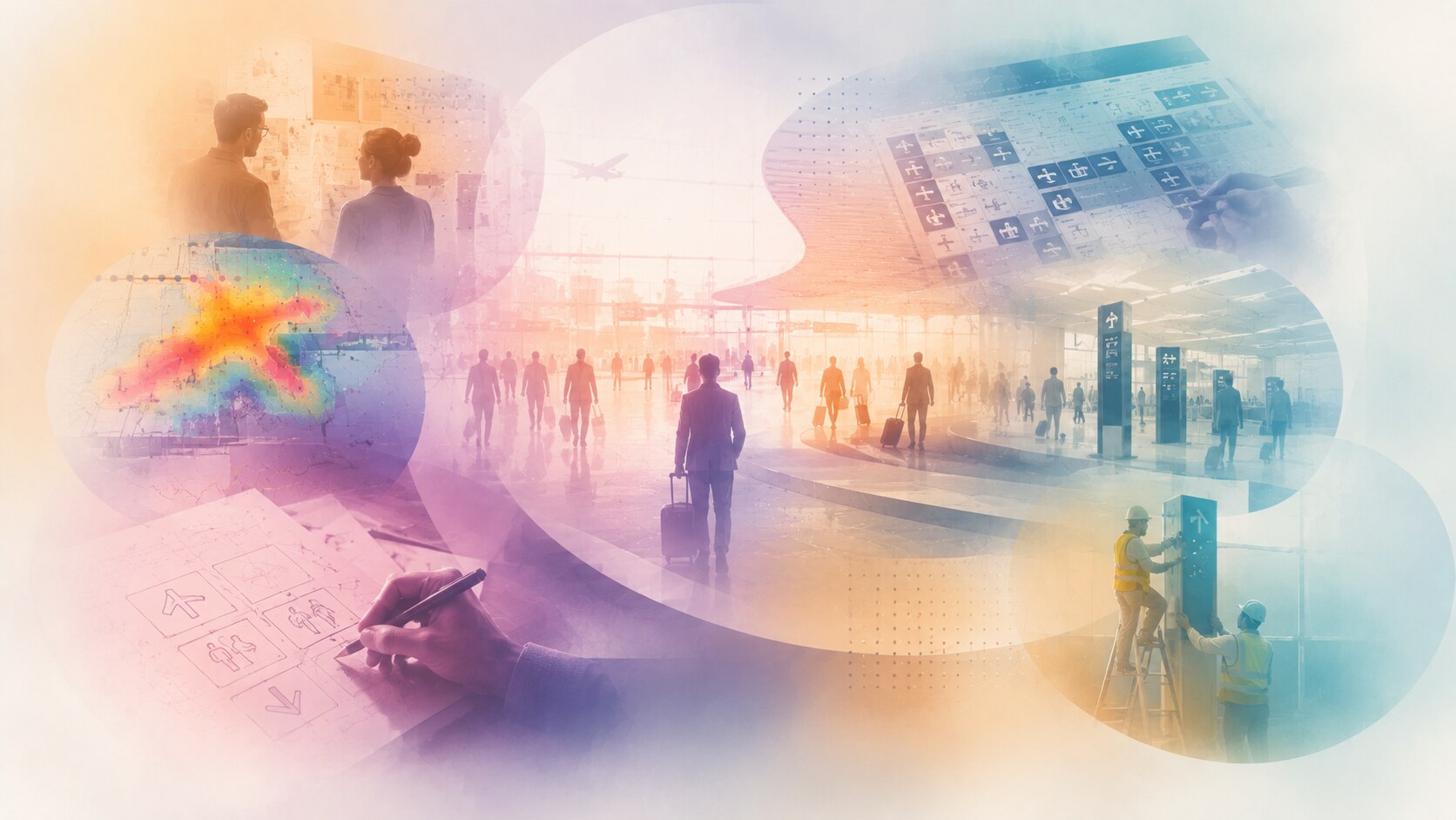 Airport wayfinding design process with audits, passenger-flow research, hierarchy planning, sign prototypes, and phased rollout.