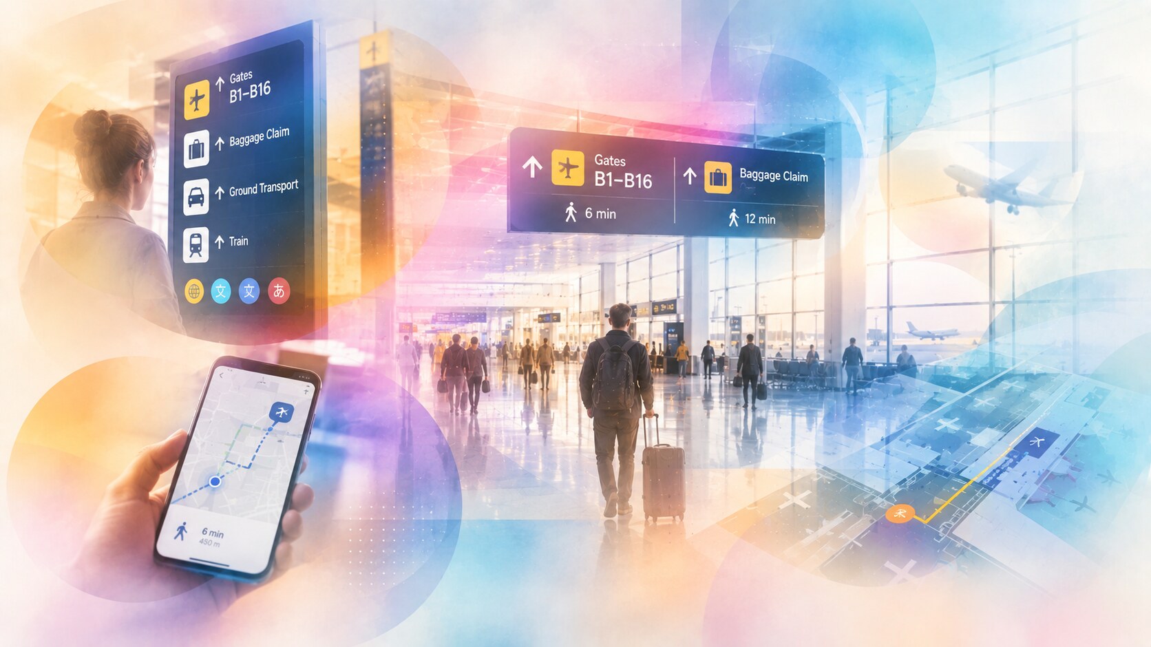 Successful airport wayfinding patterns with strong hierarchy, large type, pictograms, walk times, and consistent sign placement.