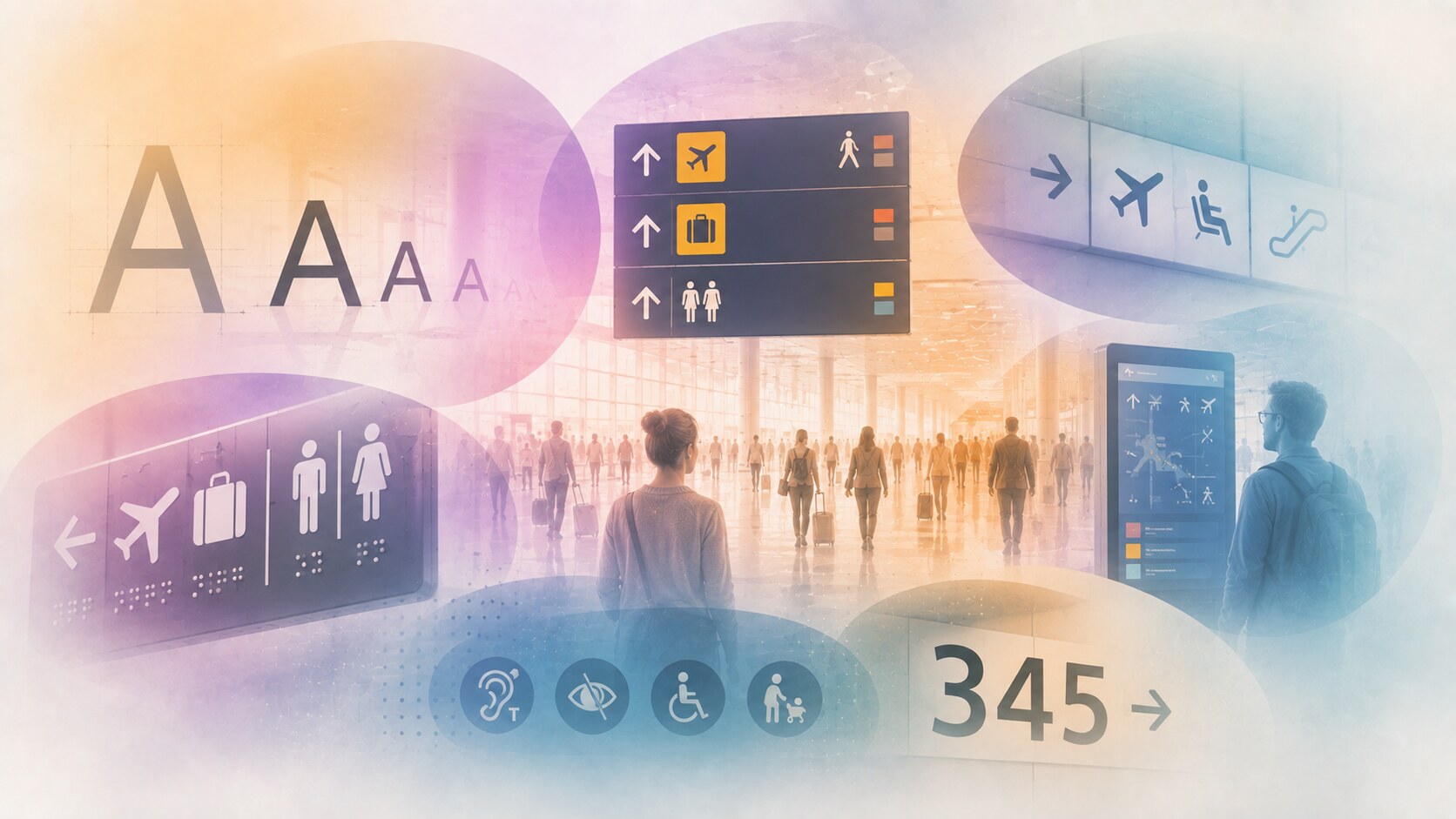 Airport typography and pictograms showing how readable letterforms and symbols shape navigation more than decorative branding.