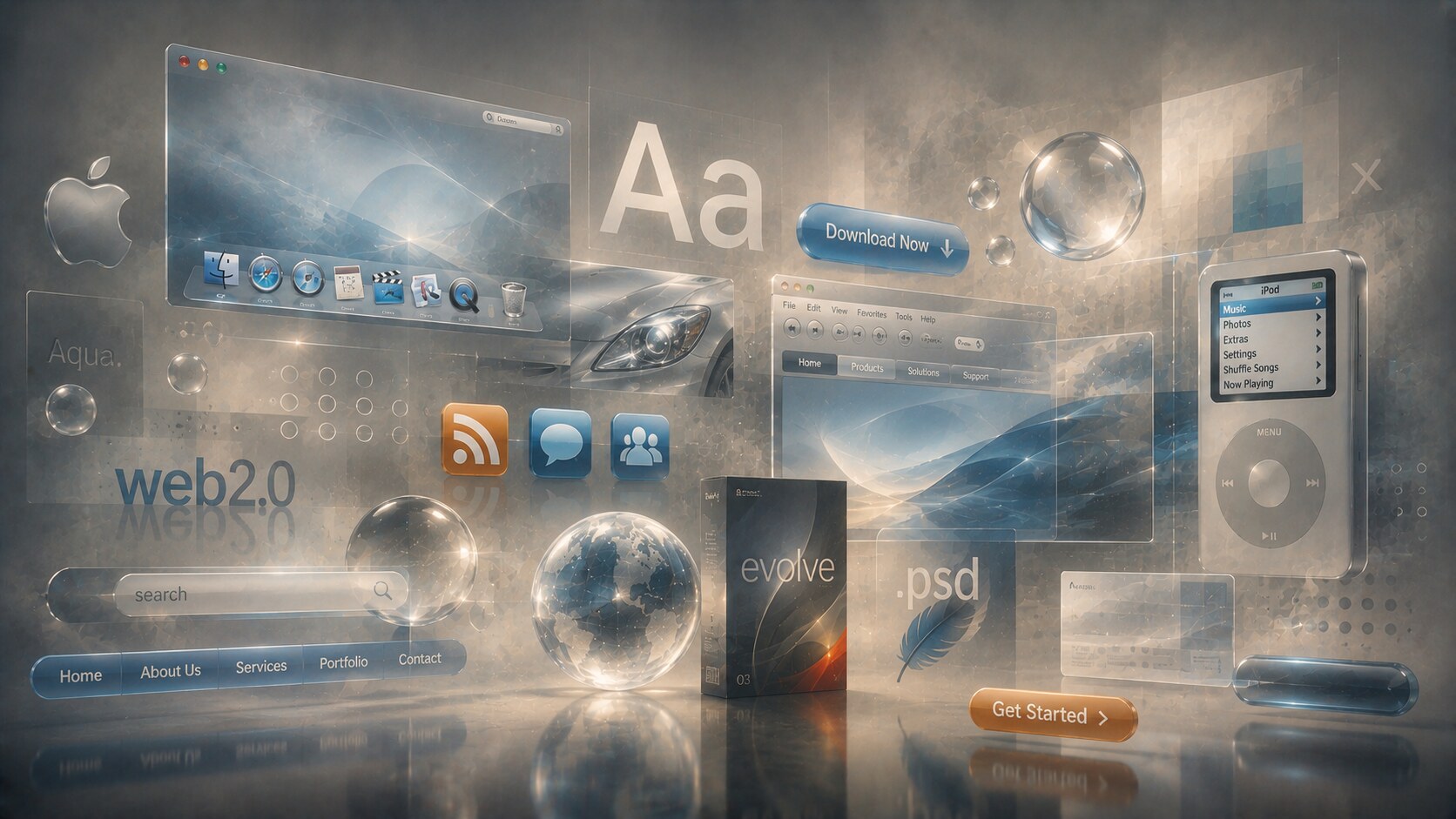 Visual references to Apple Aqua, Google minimal search, Microsoft Aero, and social web platforms shaping 2000s design language.