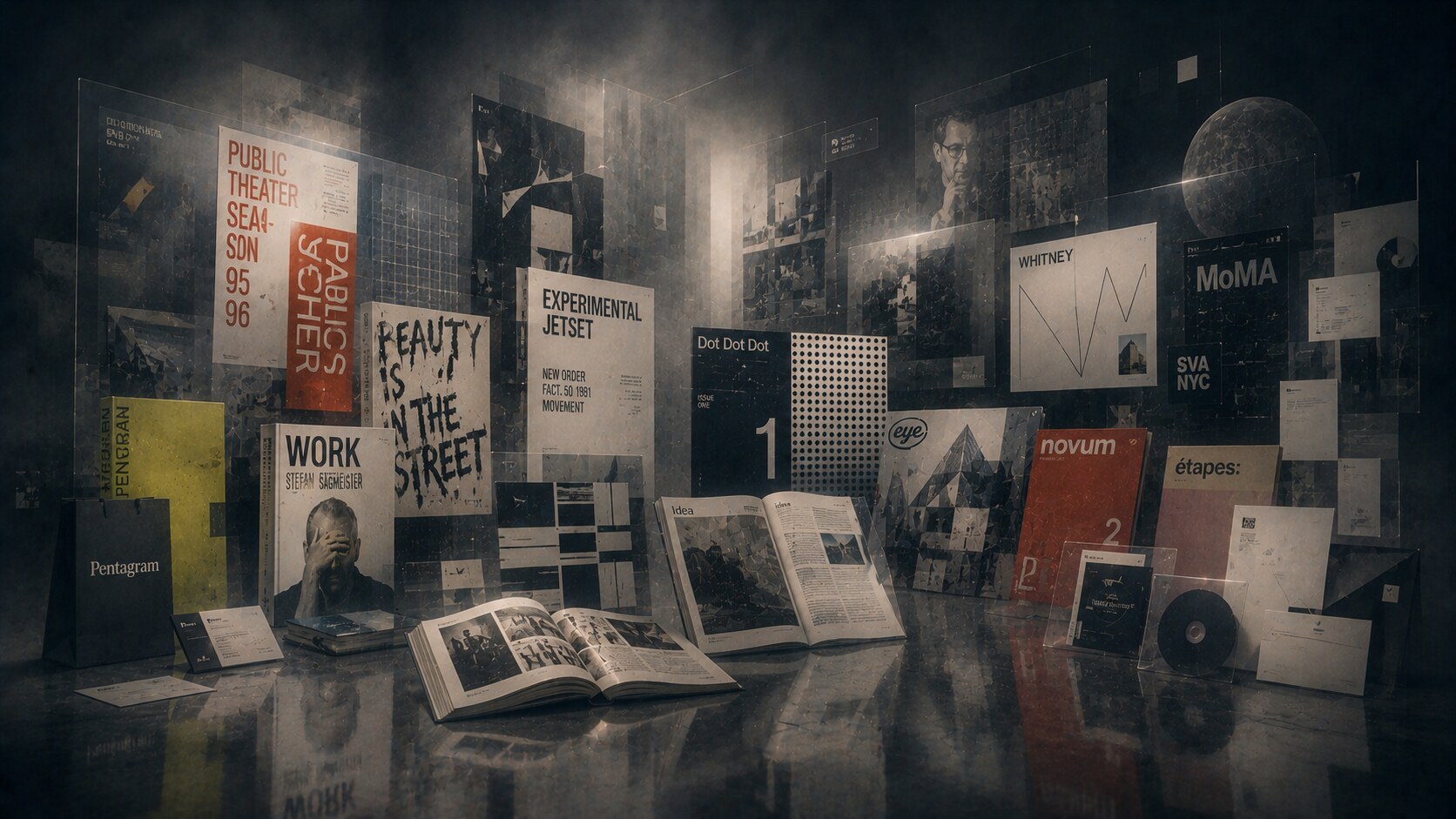 Editorial spreads, posters, packaging, and catalog layouts showing how print design looked in the 2000s.