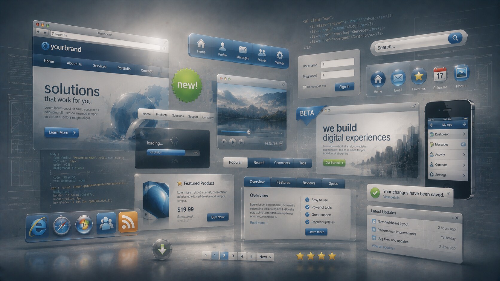 Examples of overdesigned 2000s visuals including Flash intros, fake 3D logos, stock-photo corporate websites, and overloaded UI treatments.