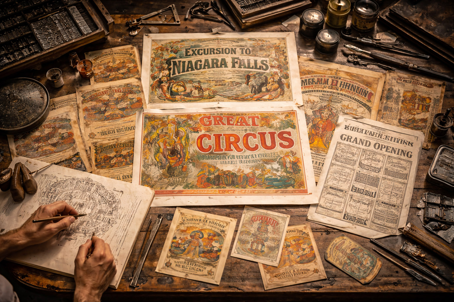 Victorian-era printed ephemera: posters, ads, and ornamental layouts