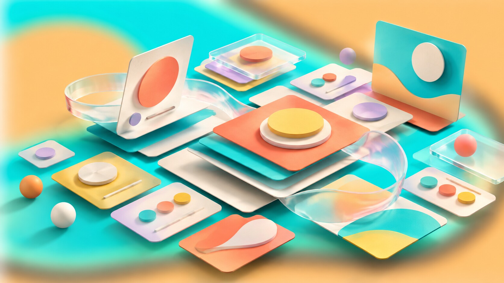Flat design language with geometric icons, cards, bold color fields, large typography, gradients and modular interface components.