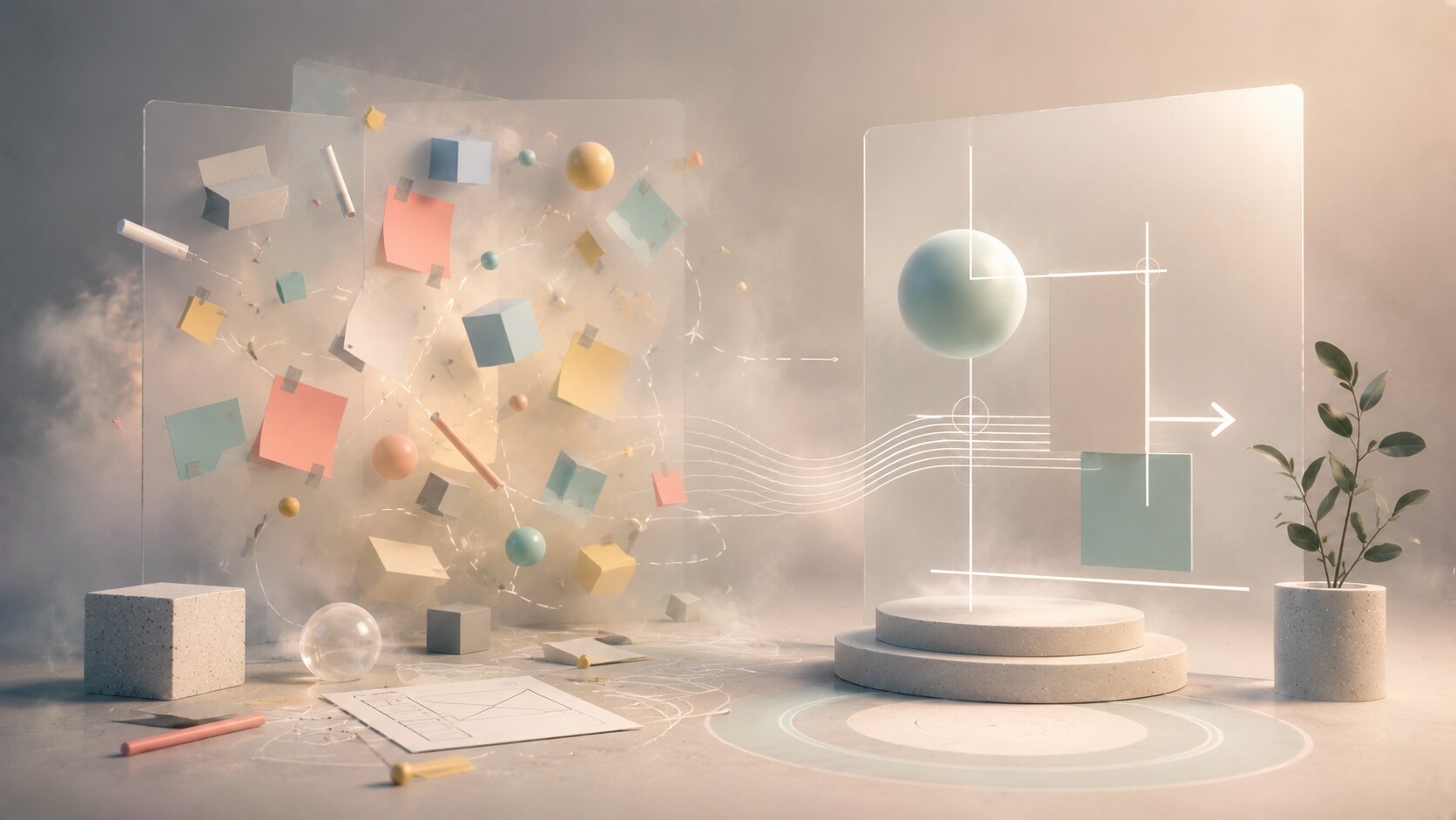 Beginner graphic design process with many competing details, uncertainty, and difficulty identifying the main visual problem.