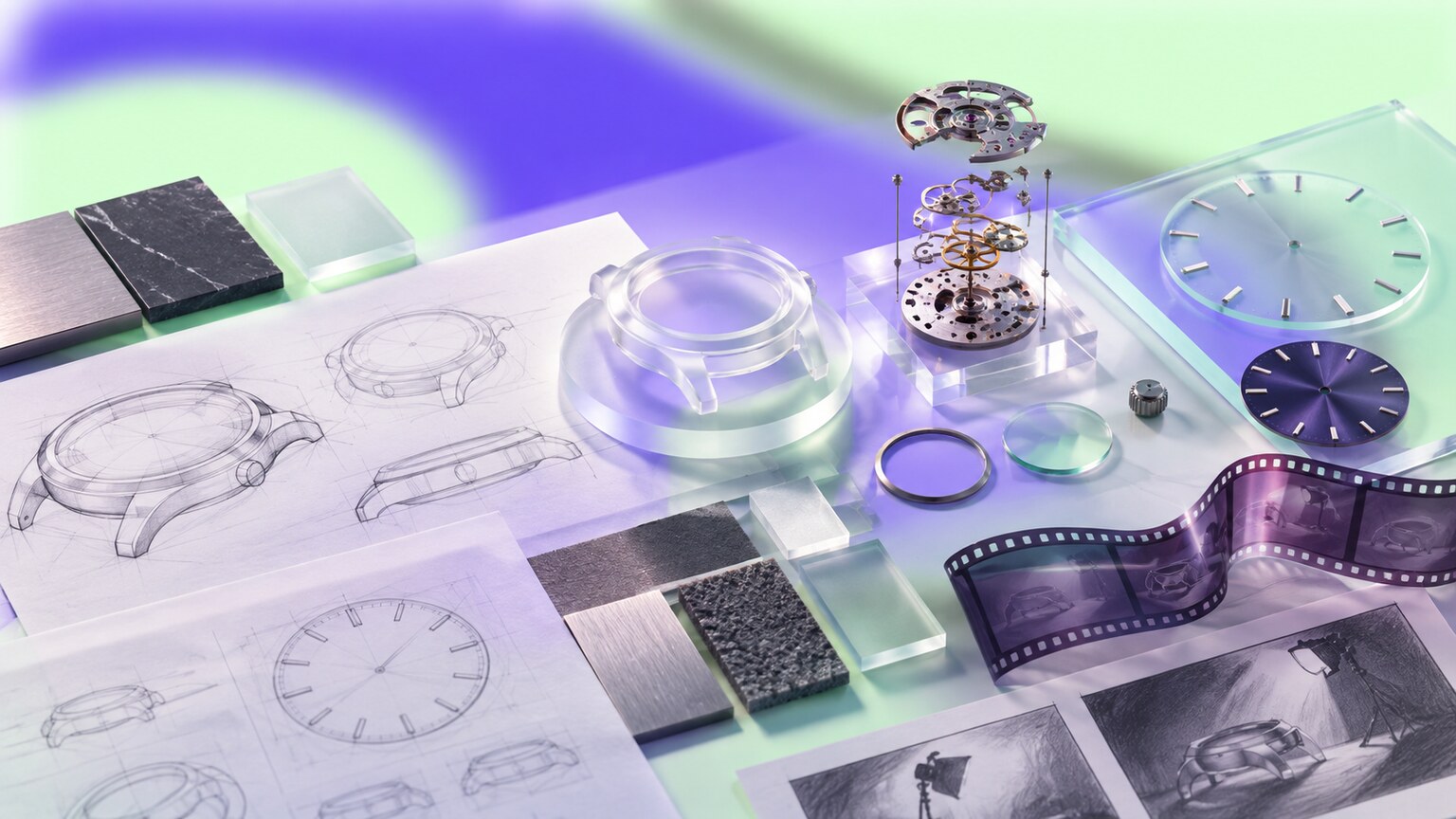 Hamilton in-house watch designers and engineers reviewing sketches, prototypes, dials, cases and film-prop collaborations.