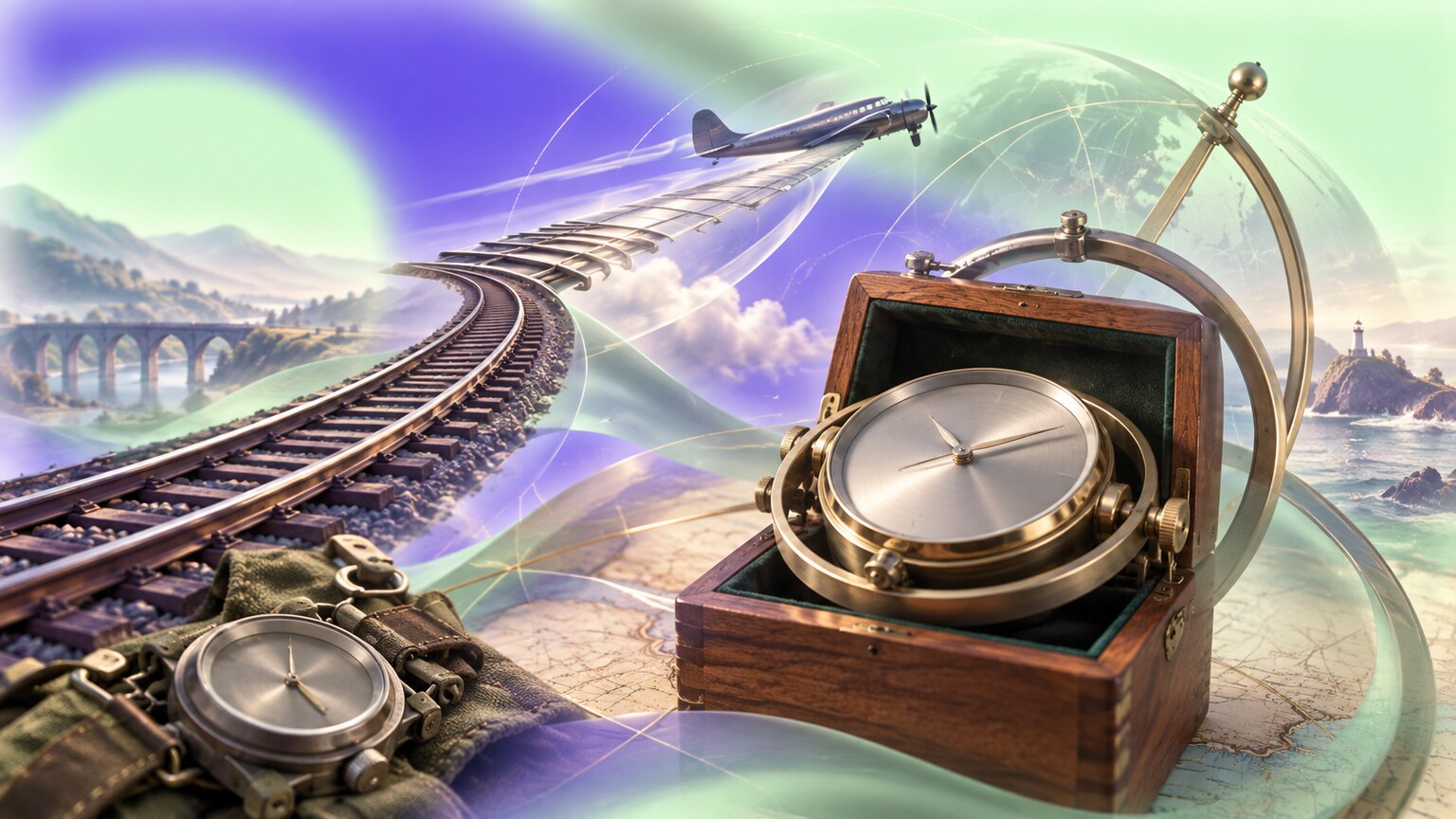 Hamilton railroad pocket watch, early airmail pilot watch and World War II marine chronometer showing the brand's instrument heritage.