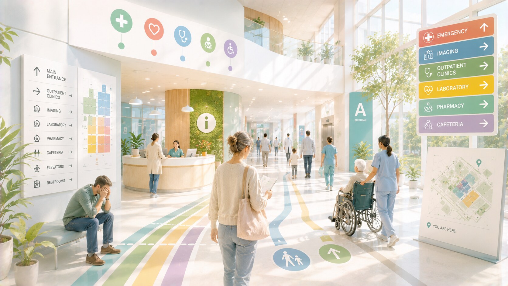 Hospital wayfinding overview showing entrances, reception, elevators, corridors, and critical departments organized into a clear navigation system.