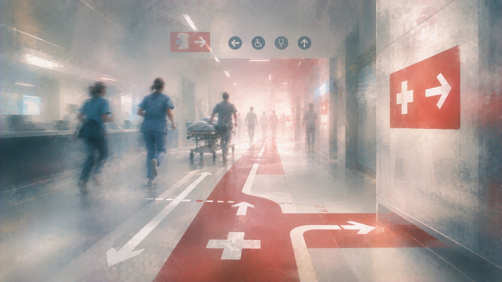 Hospital emergency navigation with high-priority routes, clear arrows, critical destinations, and easy recognition under stress.