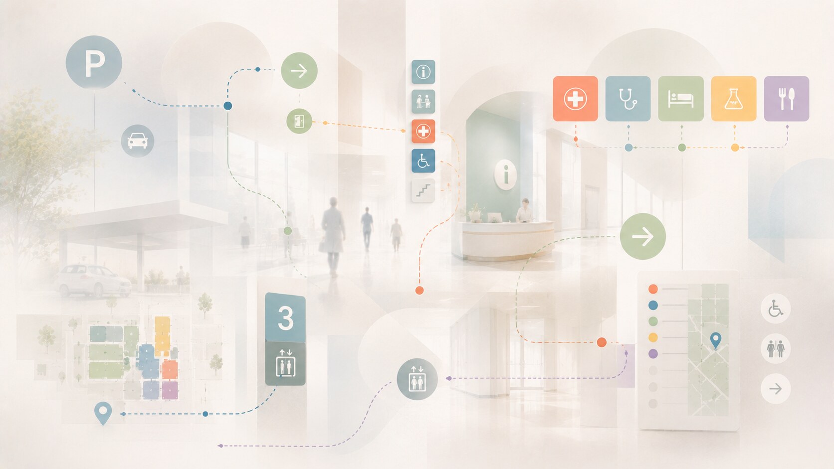 Hospital navigation components including directories, zone colors, room numbers, maps, elevator signs, and emergency routes.