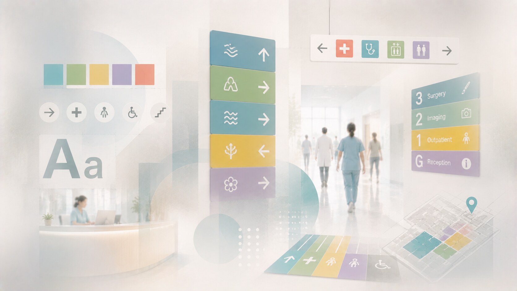 Hospital signage using color zones, readable typography, icons, and confirmation markers to reduce confusion for diverse users.