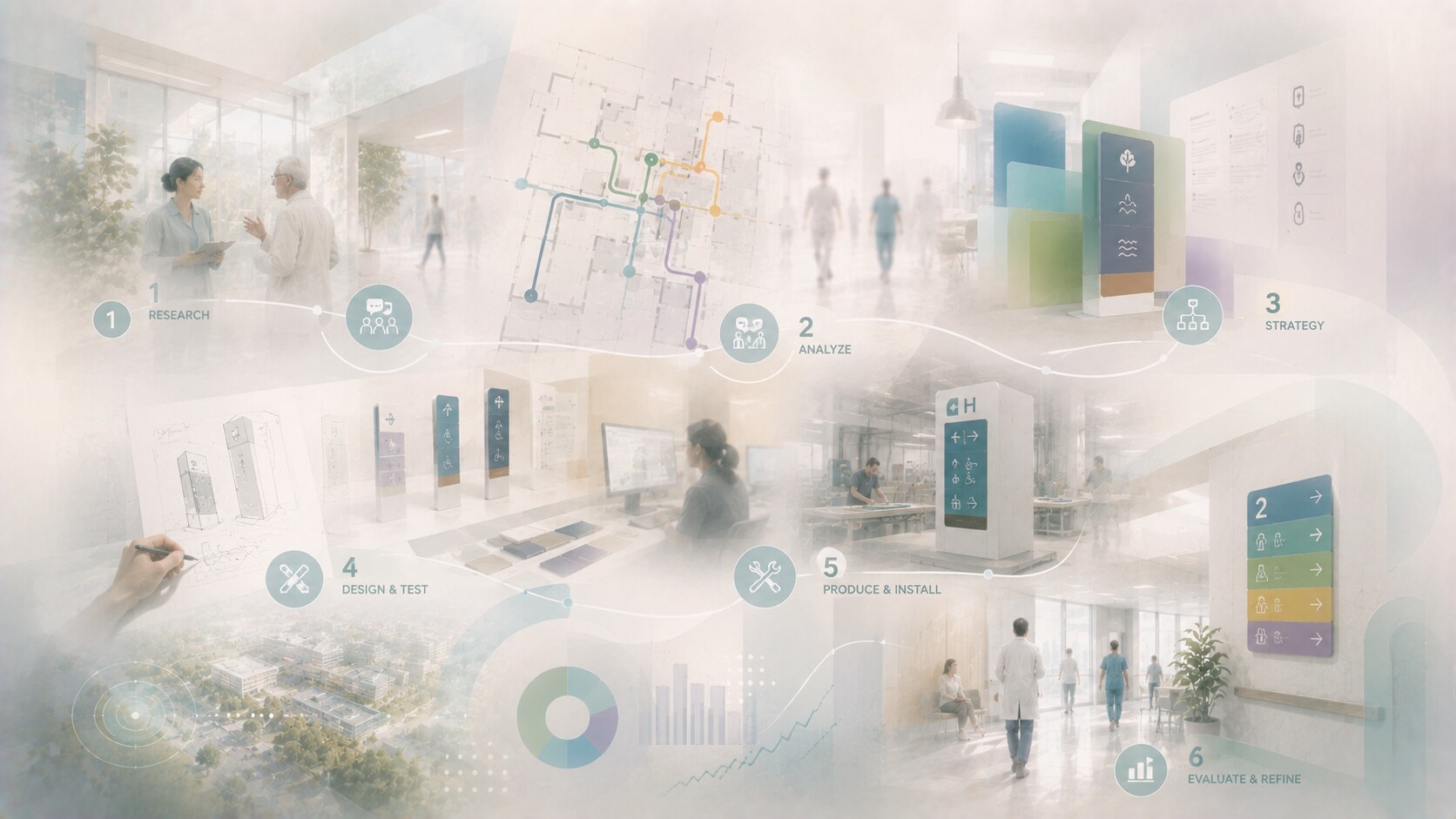 Hospital wayfinding design process using audits, flow studies, zoning plans, prototype signage, and user testing.