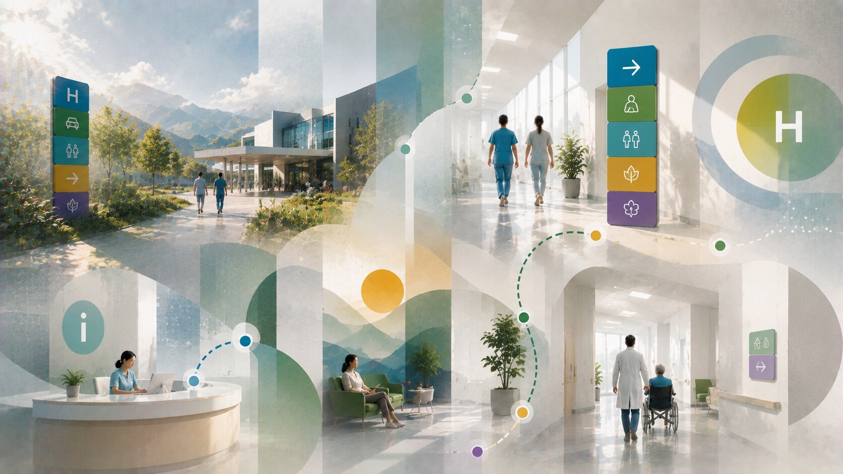 Successful hospital wayfinding examples with simplified zoning, calmer visual language, and better patient confidence.