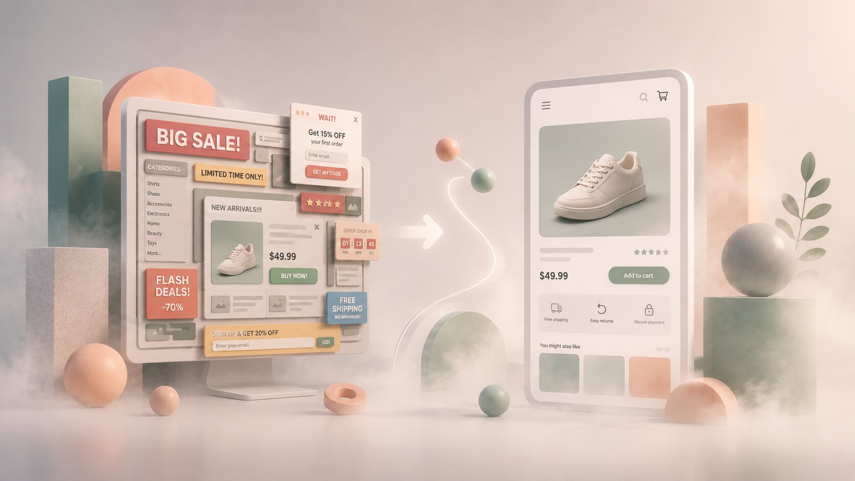 Evolution of ecommerce design from dense early online stores to cleaner mobile-first product pages and checkout flows.