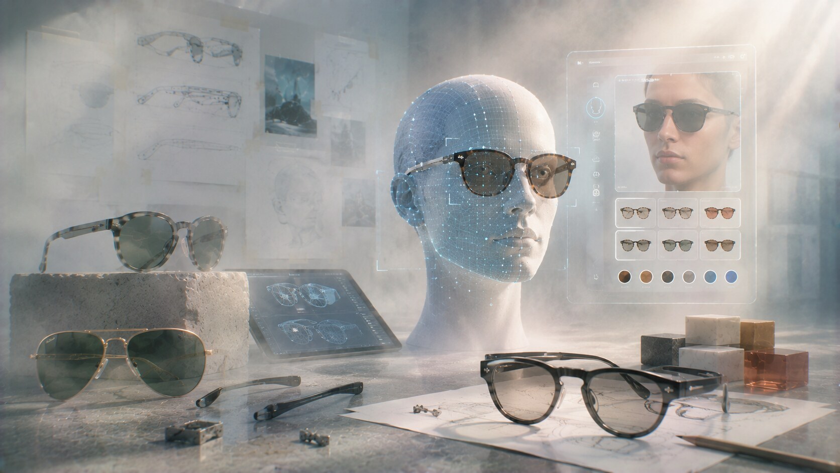 Future of sunglasses design with face scanning, virtual try-on, smarter CAD workflows, and more personalized eyewear development.
