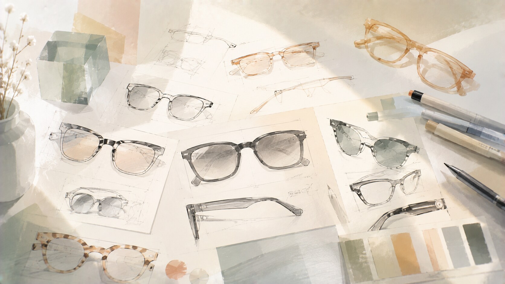 Early sunglasses design sketches showing frame silhouettes, temple ideas, lens proportions, and first visual directions.