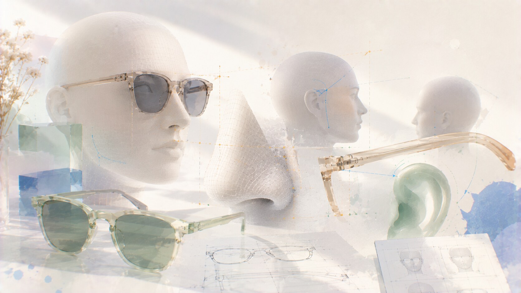 Eyewear fit design process with face geometry, bridge measurements, temple angle, and ergonomic checks.