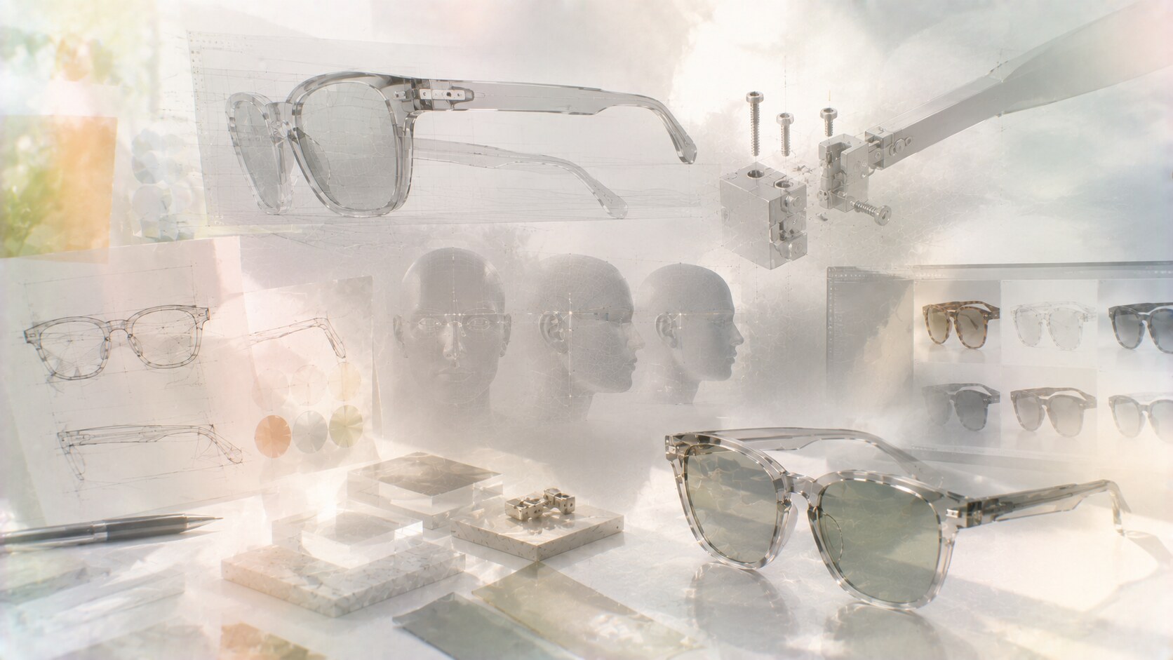 3D eyewear design workflow using CAD software for surfacing, fit refinement, engineering, and presentation rendering.