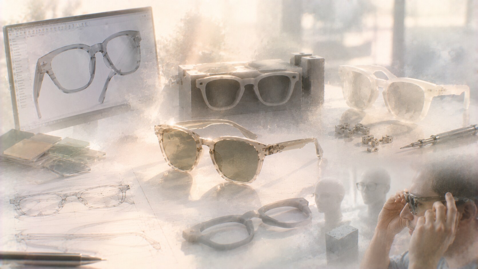Sunglasses prototyping process showing CAD output, sample making, physical testing, and first wearable mockups.