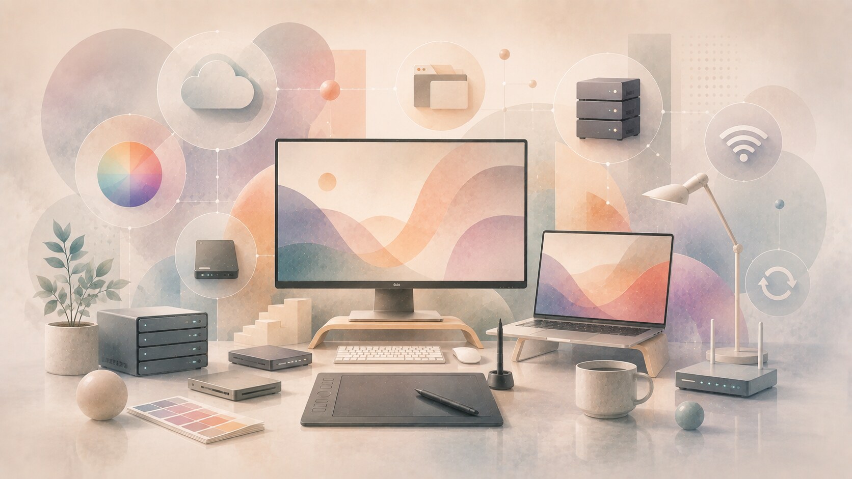 Graphic designer equipment stack including computer, monitor, tablet, storage, backup drives, and calibrated workspace setup.
