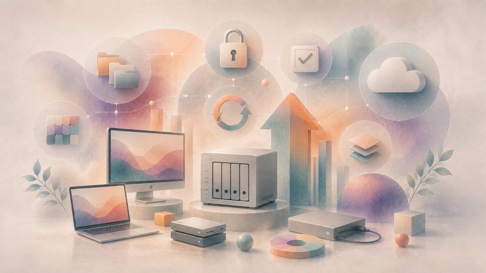 Designer backup system using NAS, external drives, cloud backup, and versioning for project safety.