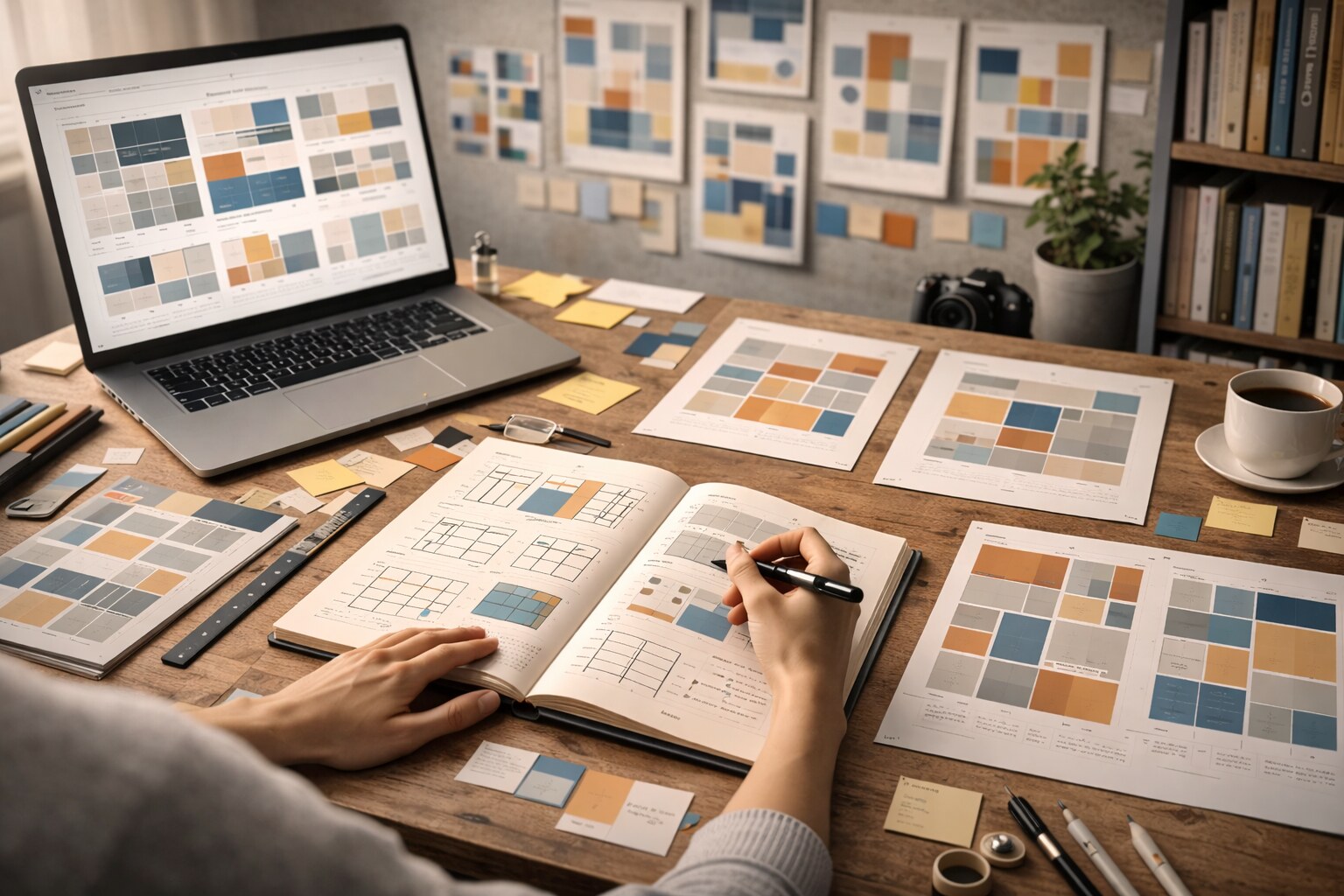 Designer practicing typography and layout on a computer.