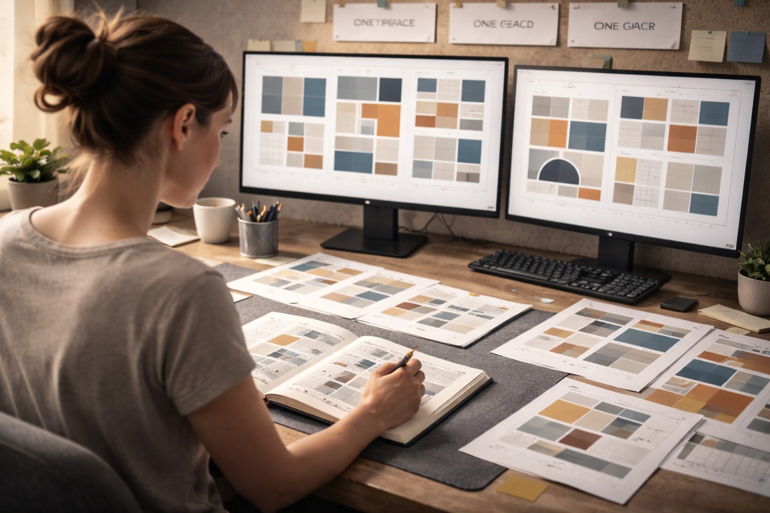 Studying strong design work with notes and written analysis.