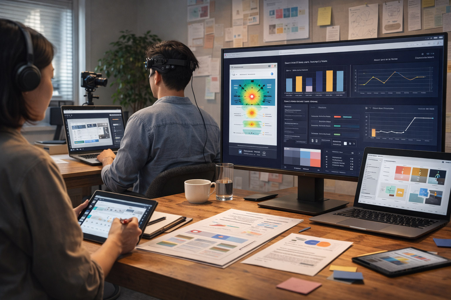User testing session with a researcher observing and notes on a tablet