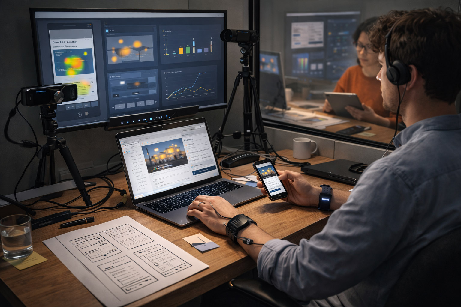 Participant wearing eye-tracking equipment during a usability test