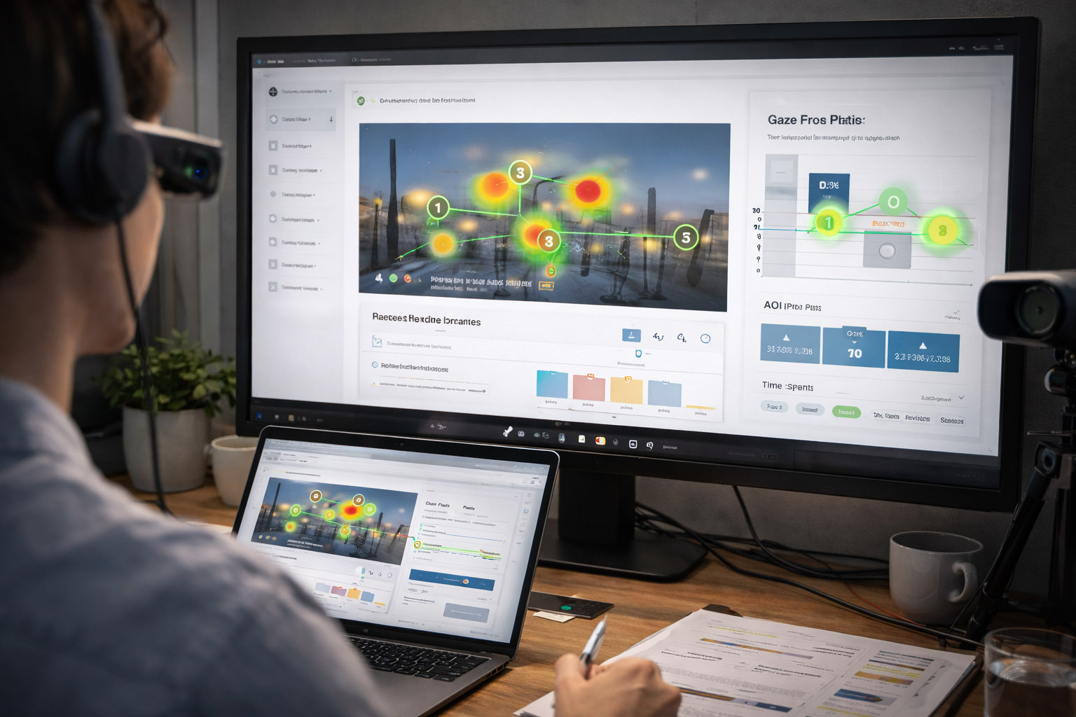 Lab user testing setup with cameras and biometric sensors