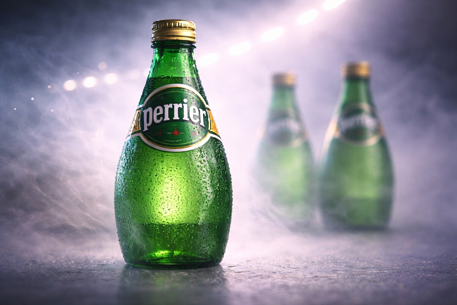 Perrier green glass bottle uses color, bubbles, and a compact silhouette to signal sparkling water.