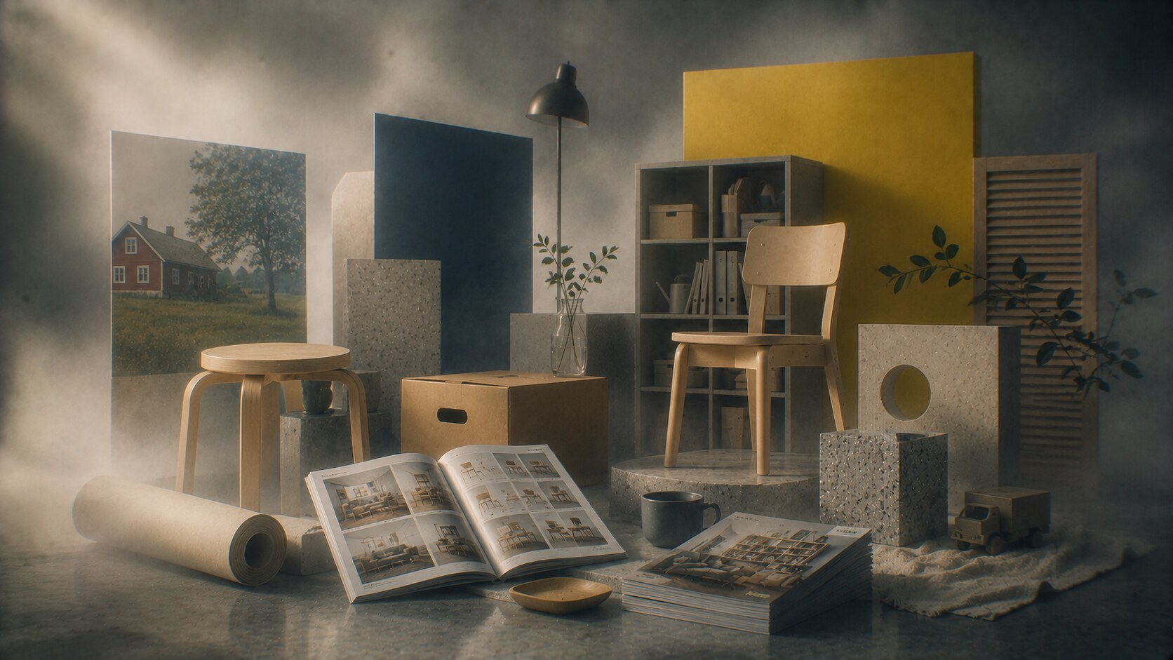 Early IKEA visual culture with simple catalogs, low-cost products, and Småland-inspired practical design values.