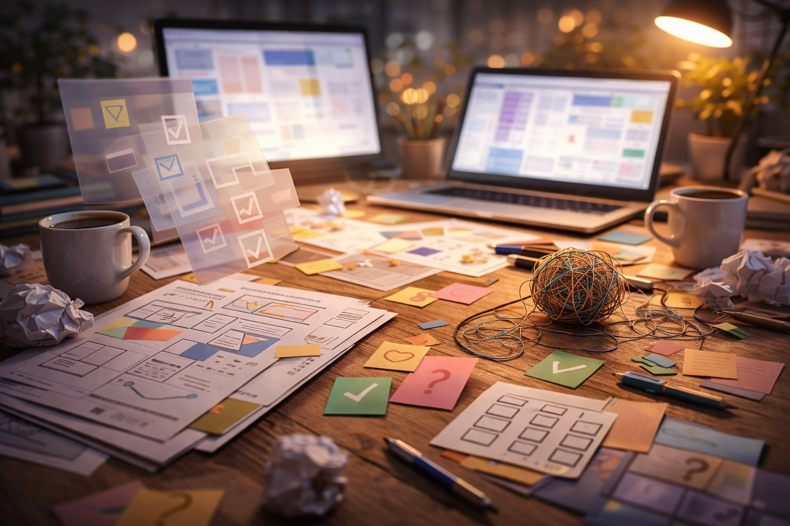 Overloaded design desk representing decision fatigue and creative exhaustion